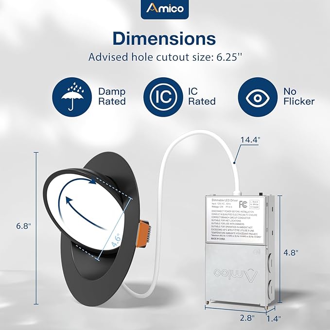 Amico 6 Pack 6 Inch 5CCT Gimbal LED Recessed Lighting, 360°&90° Adjustable Eyeball Directional Downlight, Dimmable, 2700K/3000K/3500K/4000K/5000K Selectable, CRI90+ 12W 1200LM, Black, ETL&FCC
