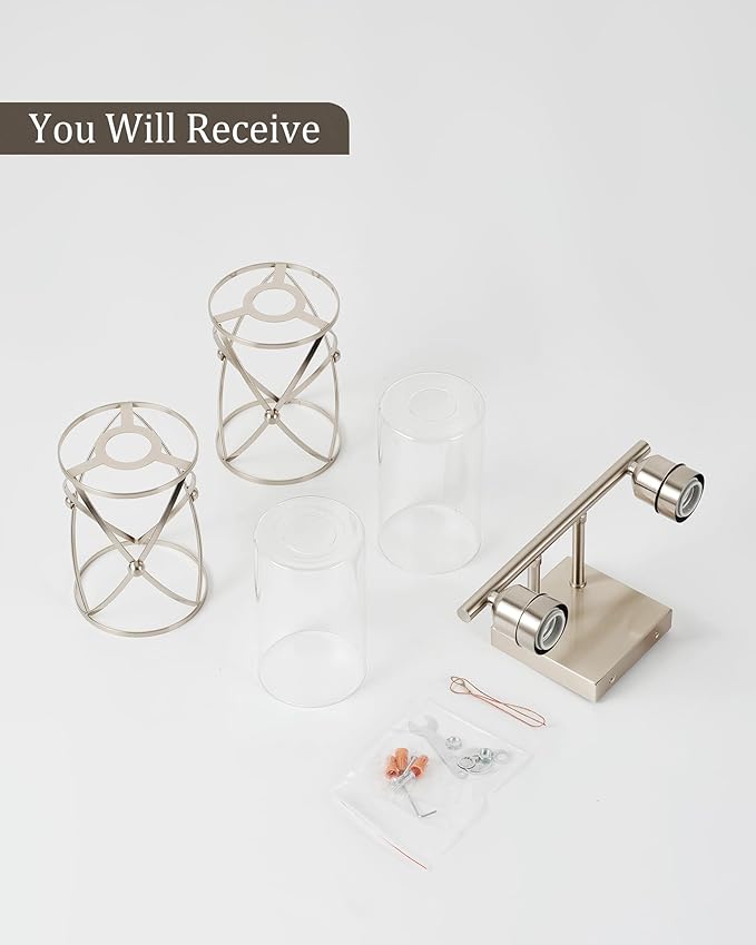 2-Light Brushed Nickel Bathroom Light Fixtures, 13.8 Inch Modern Bathroom Vanity Lighting Fixtures Over Mirror with Clear Glass and Metal Cage Wall Sconce Lights for Bath, E26, CH9176BN-2W