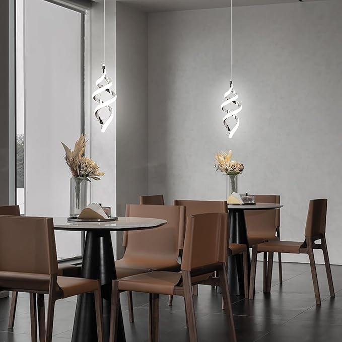 Modern Led Pendant Light Fixture, 15W Chrome Spiral Led Chandelier Hanging Lamp, 4500K Daylight White Pendant Lamp, Adjustable Height Pendant Light for Kitchen Dining Room Bedroom Kitchen Island Cafe