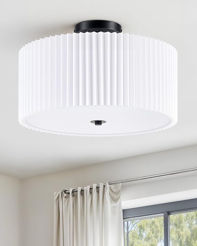 VONLUCE Semi-Flush Mount Ceiling Light, 15.7" Modern 3-Light Ceiling Light Fixture with White Pleated Drum Shade 3 E26 Sockets for Bedroom Entryway Living Room, Black Finish, ETL Certificated