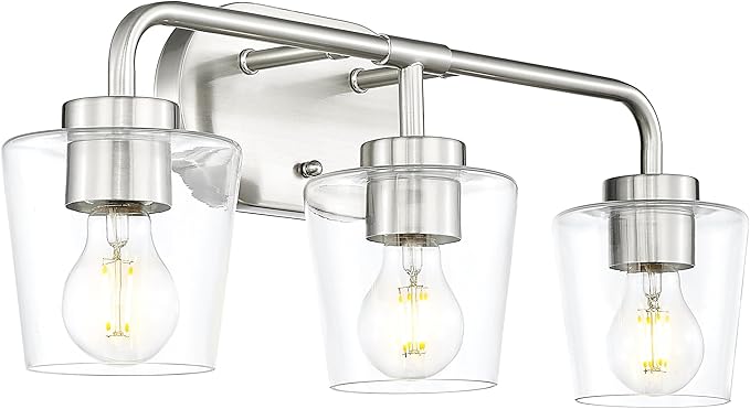 Bathroom Light Fixtures, 3-Light Brushed Nickel Vanity Lights Over Mirror with Clear Glass, Modern Vanity Lighting Fixtures, AD-22004-3W-SN-C