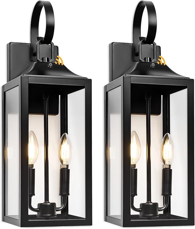 Black Dusk to Dawn Outdoor Wall Lantern 2-Light, 19" Large Modern Outdoor Wall Lights, Industrial Porch Lights Wall Mount with Tempered Glass, Waterproof Farmhouse Exterior Lighting Fixtures, 2 Packs