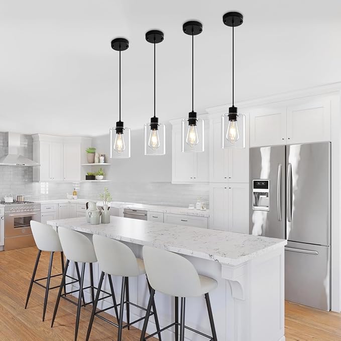 3 Pack Black Pendant Lights Kitchen Island, Modern Glass Pendant Lighting Over Island Kitchen Hanging Bathroom Ceiling Light Fixtures Adjustable Pendant Lights for Dining Room Hallway Bedroom