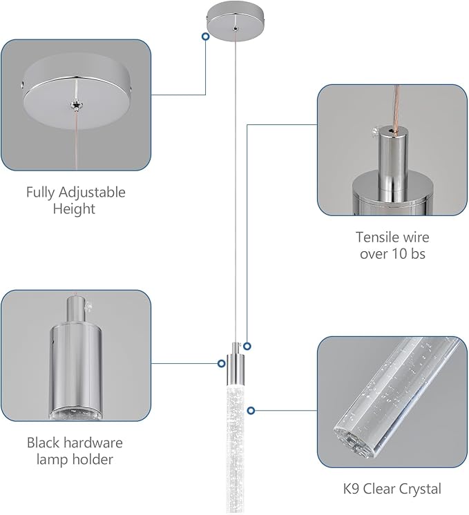Modern Kitchen Island Pendant Light Dimmable LED Chrome Finish Mini Crystal Pendant Lighting Bedroom Bedside Table Small Pendant Lights(3-Pack)