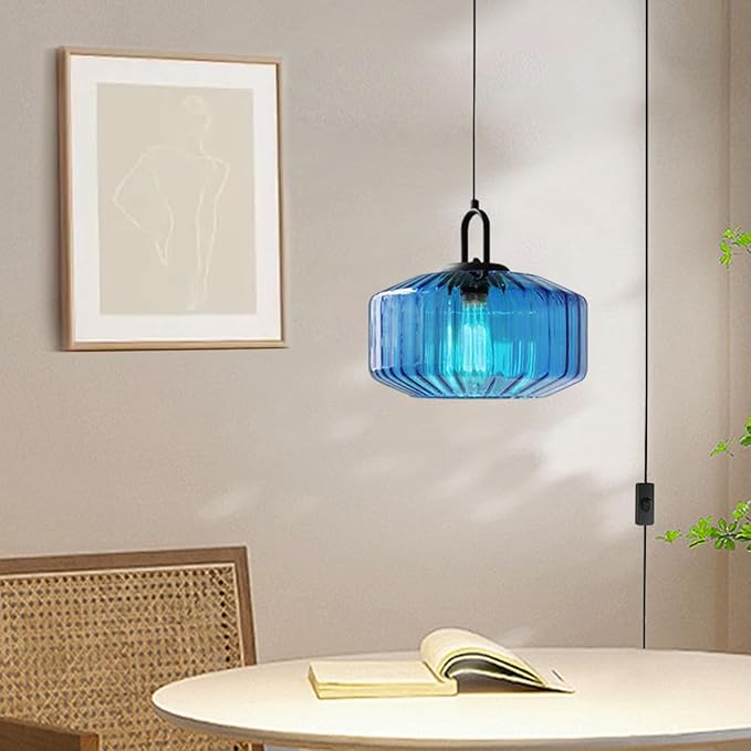 Plug in Hanging Lamp Modern Pendant Light with Plug in Cord Blue Striped Glass Shade Mid Century Pendant Light Fixture Plug in Chandelier Swag Ceiling Lamp for Living Room Bedroom
