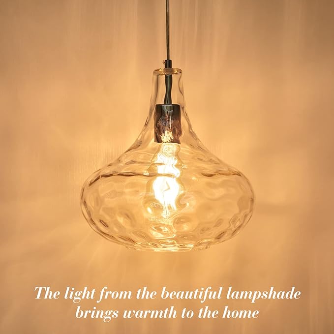 Farmhouse Vintage Glass Pendant Light with Handblown Hammered Shade - Adjustable Hanging Cord for Kitchen Island, Dining Room, Hallway - 11 Inch Chrome Ceiling Fixture