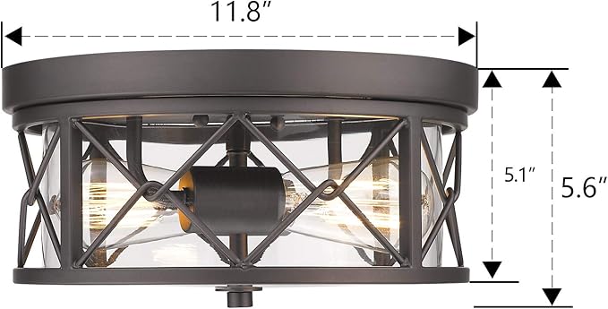 zeyu 2-Light Flush Mount Ceiling Light, 12 Inch Kitchen Light Fixtures Ceiling with Clear Glass Cover, Oil Rubbed Bronze Finish, ZY25-F ORB