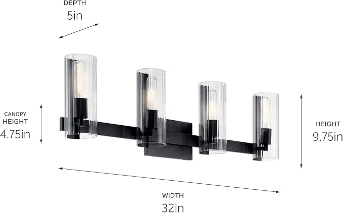 Kichler Jemsa 4-Light Bathroom Vanity Light Fixture with Clear Fluted Glass in Black, Modern Wall Mount Vanity Lighting for Bathroom Over Mirror (9.75 in x 32 in), 55169BK