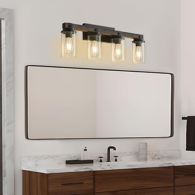 Farmhouse Bathroom Vanity Light 4 Light Sconces Wall Lighting Wood Rustic Bathroom Light Fixtures Over Mirror Vintage Industrial Wooden Black Vanity Light for Bedroom Hallway Kitchen