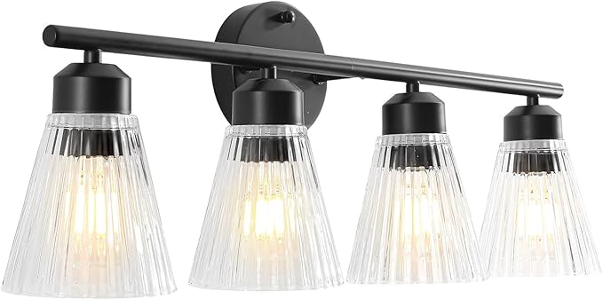 4-Light Bathroom Vanity Light, Matte Black Bathroom Light Fixtures Over Mirror with Stripe Glass, Modern Wall Lamp, Black Wall Sconces for Living Room Bedroom Kitchen Hallway