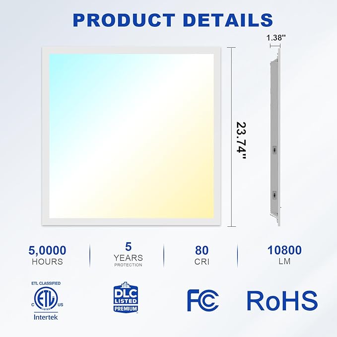 JESLED 6Pack 2x2 led Flat Panel Light, 6000LM, Drop Ceiling Lights Fixture for Office Kitchen Basement Laundry, 15W/20W/25W/30W/40W Selectable, 5CCT Switchable, 0-10V Dimmable, DLC ETL Listed