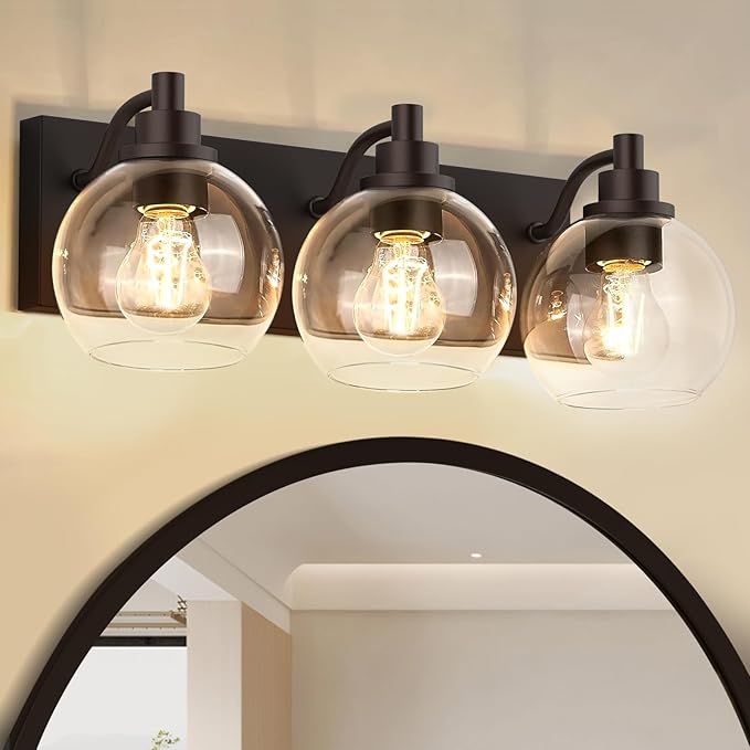 IZORRO Bathroom Light Fixtures, 3 Light Oil Rubbed Bronze Vanity Light, Modern Wall Sconces with Globe Clear Glass Shade, Vanity Lighting Fixtures Over Mirror,E26 Bulb Socket
