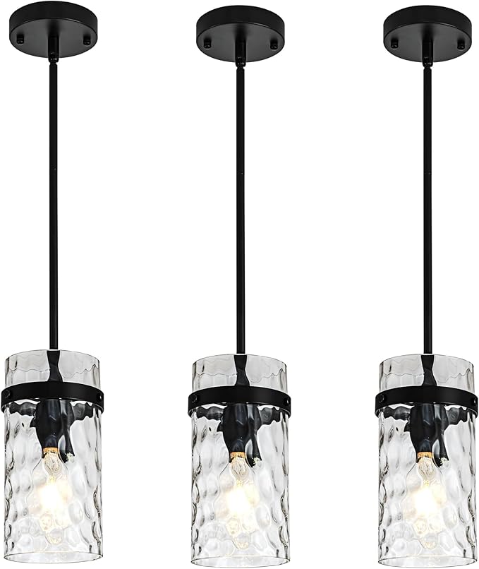 3 Pack Black Pendant Lights Kitchen Island, Hammered Glass Pendant Lighting Over Island, Kitchen Hanging Light Fixtures Pendant Light Over Sink for Kitchen Entryway Foyer Dining Room