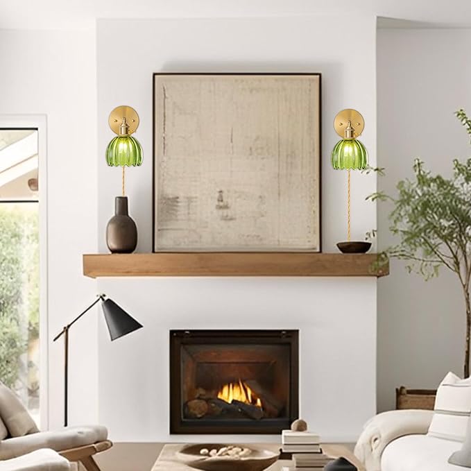 Plug in Wall Sconce, Vintage Sconce Light with Tulip Green Glass Lampshade, Bedside Wall Sconce with Switch and Plug in Wall Lamp Cord, Gold Wall Light for Bedroom