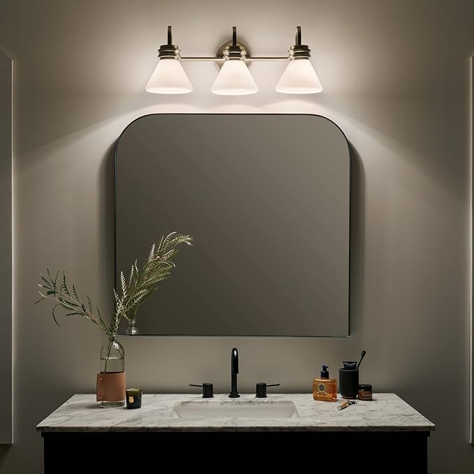 Kichler Farum 26" 3-Light Bathroom Vanity Light Fixture with Opal Glass in Champagne Bronze for Mirror, Modern Wall Mount Over Single or Double Vanity (26" W x 9.5" H), 55155CPZ