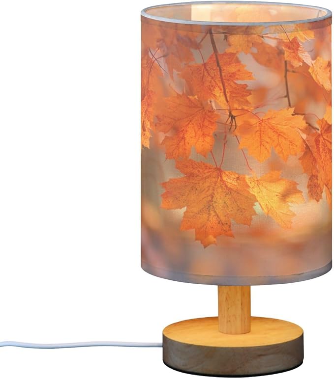 Aslsiy Maple Leaves Bedside Table Lamp Autumn Nightstand Lamp Night Light Fabric Shade for Bedroom Living Room Home Office