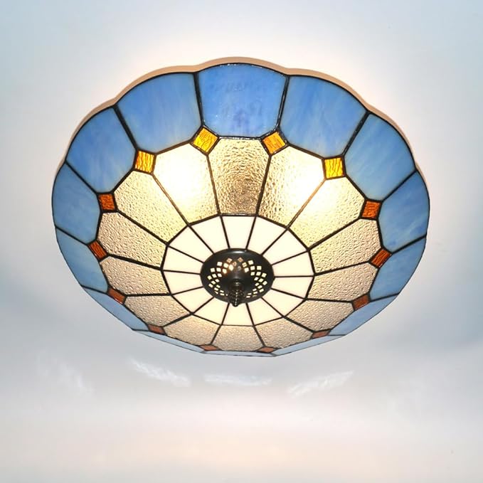 Tiffany Style Ceiling Light 16 Inch 3-Lights Stained Glass Flush Mount Ceiling Light for Bedroom Dining Room Living Room