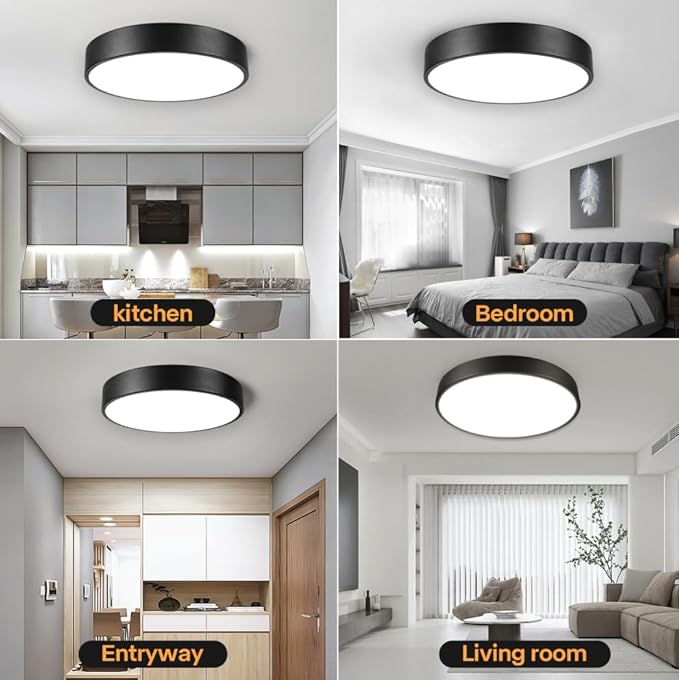 13inch Black Minimalist LED Flush Mount Ceiling Light, Black Matted Fixture, Dimmable Ceiling Lamp with Acrylic Pieces Shade, 26W, 3000K, ETL Listed for Entryway, Bathroom, Bedroom