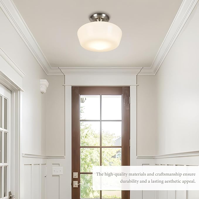 Schoolhouse Style Semi Flush Mount Ceiling Light Fixture, 12" Modern Hallway Ceiling Lamp with Opal Milk Glass Shade Brass, Farmhouse Globe Light for Bedroom Kitchen Hallway Entryway Laundry