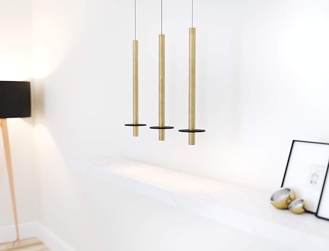 Draco 3 Pendant Lighting Brass – LED Hanging Light Fixture for Kitchen Island, Bar, Foyer – Equilateral Cluster of Mini Metal Rod Pipe Tube Cylinders – Dimmable, Adjustable Wire, Lamp Bulb Included