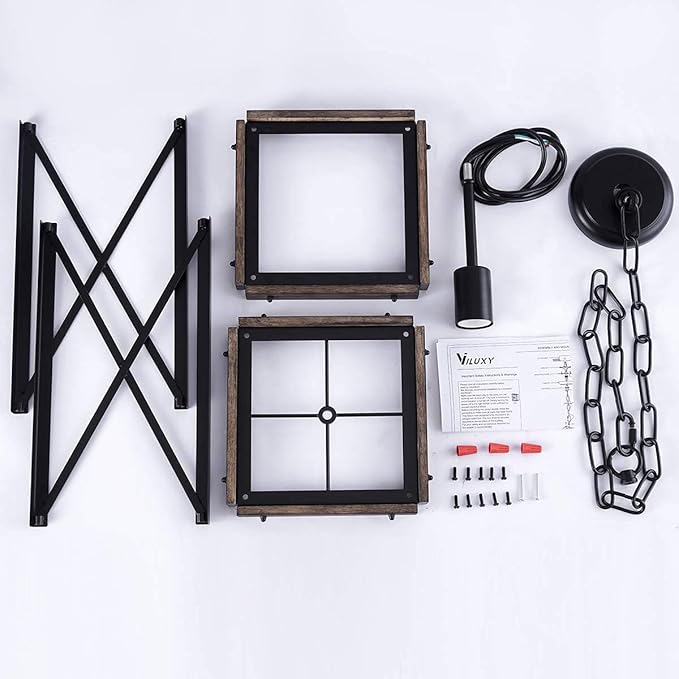 VILUXY Farmhouse Pendant Light for Kitchen Island 1-Light Wood Pendant Hanging Lamp Black Metal Cage Pendant Lantern Lighting for Dining Room Kitchen Hallway