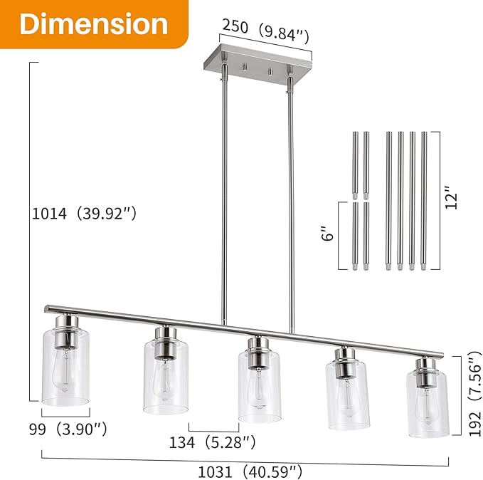 mavcadonf Kitchen Island Light, 5-Light Pendant Lighting, Farmhouse Dining Room Light Fixtures for Kitchen Island Dining Living Room, Brushed Nickel with Clear Glass Shade