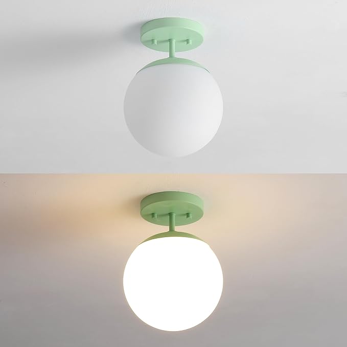 JONATHAN Y 7.75" Mint Green/White Modern Semi Flush Mount Ceiling Light, LED Fixture for Entryway, White Frosted Glass Globe Shade, Mid-Century Farmhouse Lighting for Bedroom Hallway (JYL7499E)