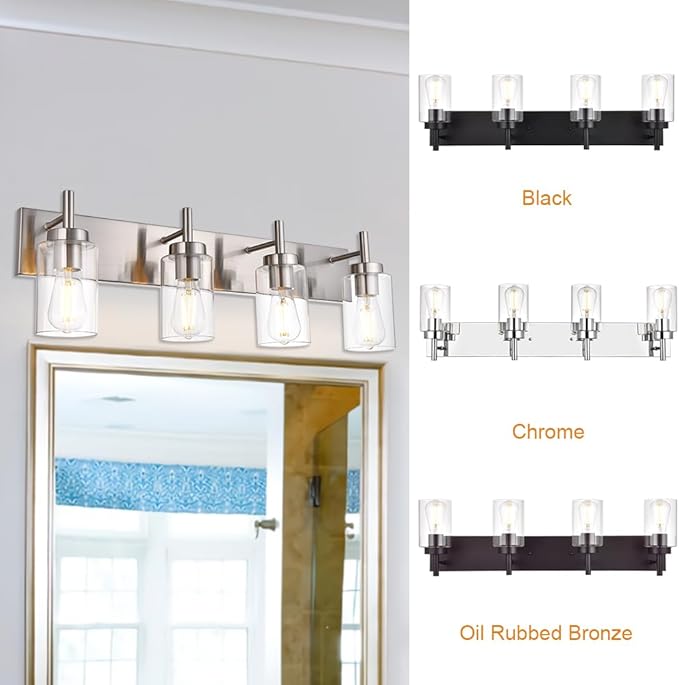 VINLUZ 4 Lights Bathroom Vanity Light Fixture Brushed Nickel Sconces Wall Lighting Modern Industrial Indoor Wall Mounted Lamp for Kitchen Dining Room (Patent No.: US D958,438 S)