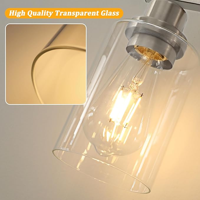 Unicozin 4-Light Bathroom Light Fixtures, Modern Vanity Lights with Clear Glass Shades, Brushed Nickel Bathroom Wall Lamp for Mirror Living Room Cabinet Bedroom