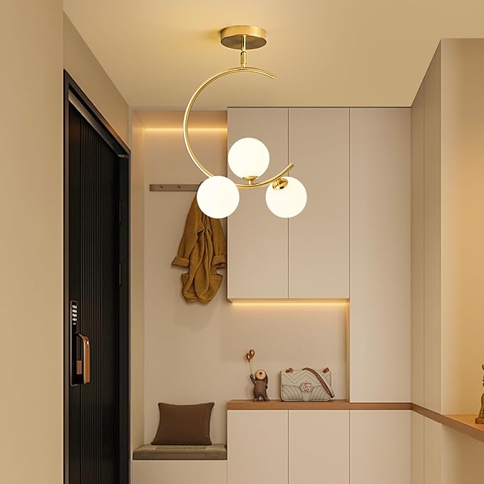 Hallway Light Fixtures, 3-Light Gold Semi Flush Mount Ceiling Light Fixture 3 Globe Glass lampshades, for Kitchen, Dining Table, Bedroom, Hallway, Entryway and Balcony