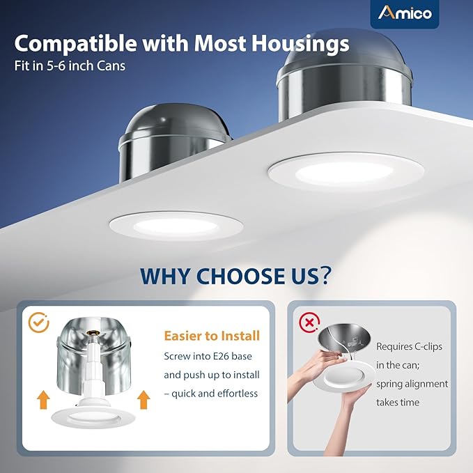 Amico 5/6 inch 5CCT LED Recessed Lighting 4 Pack, 12W=100W, 950LM Adjustable Can Lights, 2700K/3000K/4000K/5000K/6000K Selectable, Dimmable, IC & Damp Rated, Retrofit Installation - ETL & FCC