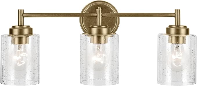 Kichler Winslow 21.5" 3-Light Bathroom Vanity Light Fixture with Clear Seeded Glass in Natural Brass for Luxe Industrial Style Over Mirror (21.5" x 9.25"), 45886NBR