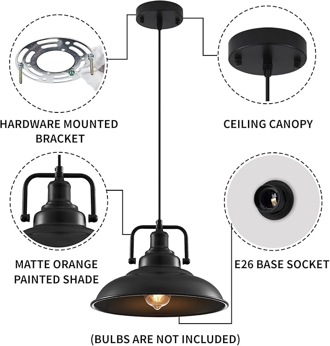 Black Pendant Light 12.5 inches 2 Packs, Farmhouse Pendant Light, Modern Pendant Lights, Kitchen Pendant Lights, Pendant Lights Kitchen Island for Dinning Room Entryway Barn