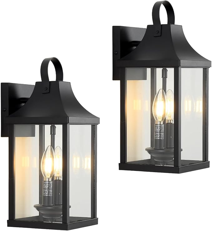 Outdoor Wall Sconces Set of 2, 15‘’ Black Outside Wall Mounted Light Fixture, Exterior Farmhouse Wall Sconce Lantern 2-Light, Modern Porch Lighting Exterior Lamp for House, 2 Pack