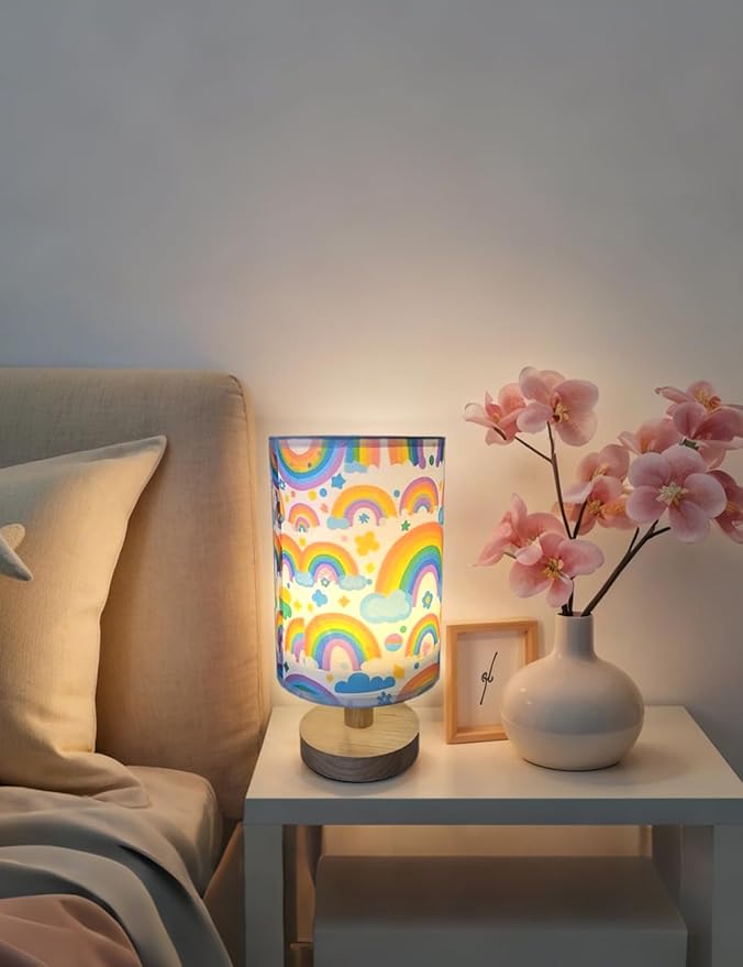 Rainbow Lamp, Girls Lamps for Bedroom, 3 Level Dimmable Wood Nightstand Desk Base Flaxen Fabric Shade for Bedroom Living Room, Rainbow Night Light Gifts for Girls