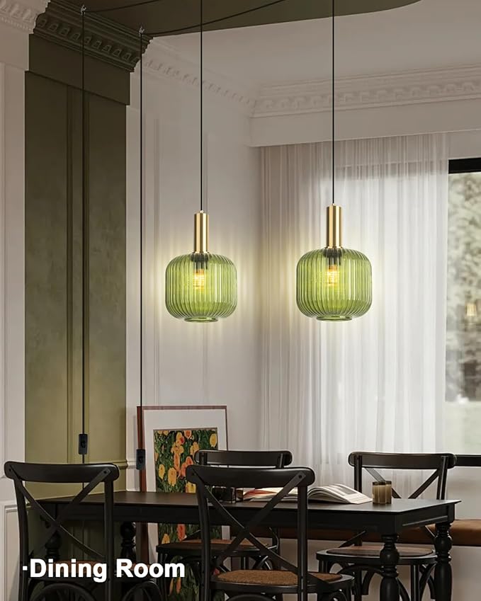 Plug in Glass Pendant Light 1-Light Gold Industrial Light with 14.7FT Black Cord Mid-Century Modern Pendant Lamp for Kitchen Sink Living Room Bedroom, Indoor Green Glass Lamp