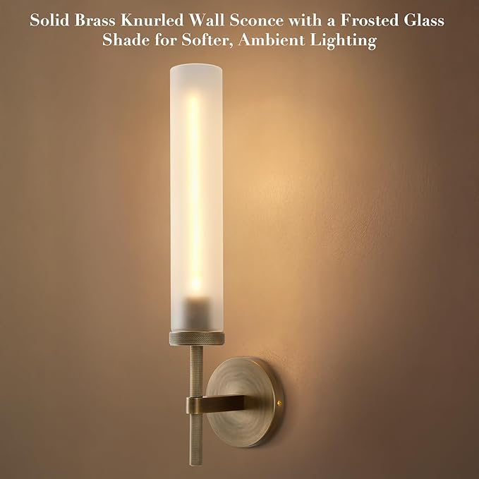 Brass Hardwired Frosted Glass Bathroom Wall Sconces 2 Pack, Modern 20'' Indoor Knurled Wall Sconce, Glass Vanity Light, for Living, Bedroom, Hallway, Staircases,Bulb Included
