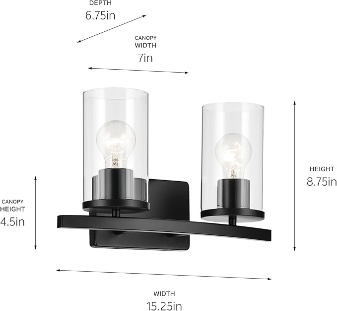 Kichler Crosby 15.25" 2-Light Bathroom Vanity Light Fixture with Clear Glass in Black for Powder Room, Modern Wall Mount Over Mirror (15.25" x 8.75"), 45496BKCLR