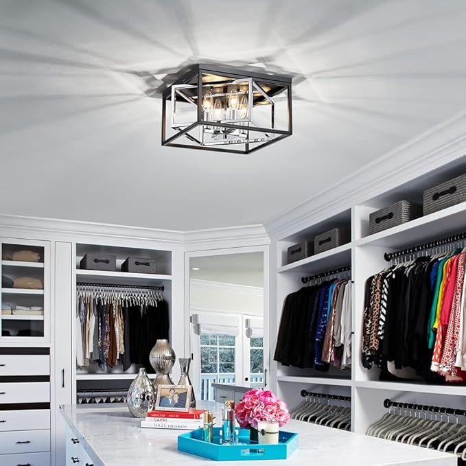 AGV LIGHTING CL035S Modern Flush Mount Ceiling Light Fixture, Square Ceiling Light, E12 Base 3-Lights, L12 x W12 x H7, Matte Black & Chrome Finish