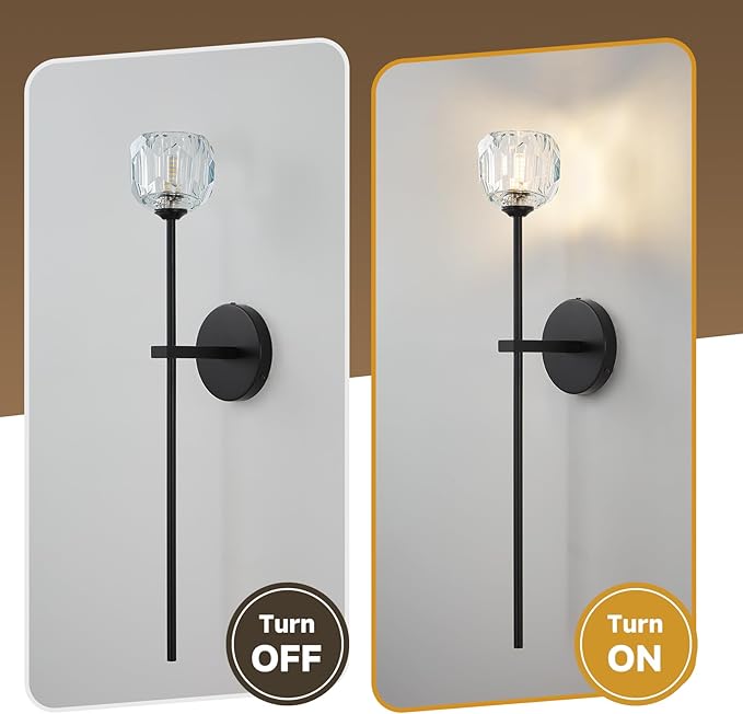 Black Crystal Wall Sconces Set of Two with G9 Bulbs, Mid Century Modern Diamond Light Brass Vintage Long Lighting Fixture Hardwired for Elegant Vanity Living Room Bedroom Bathroom Hallway