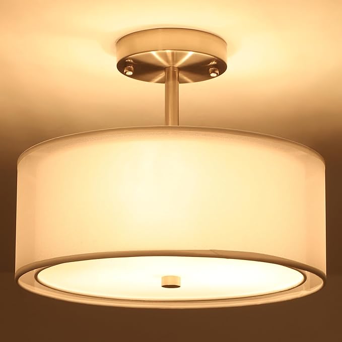 Luupyia 3-Light Fabric Drum Ceiling Lighting with Double Fabric Shade, 12.59 Inches Simple Modern Semi Flush Mount Ceiling Pendant Light Fixture Modern Chandelier for Bedroom, Hallway, Foyer E26 60W