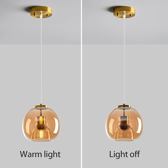 Amber Glass Pendant Lights Kitchen Island Gold Hanging Light Fixture Glass Globe Pendant Light Modern Pendant Lighting for Dining Room Bedroom Kitchen Island (7.87", 2 Pack)