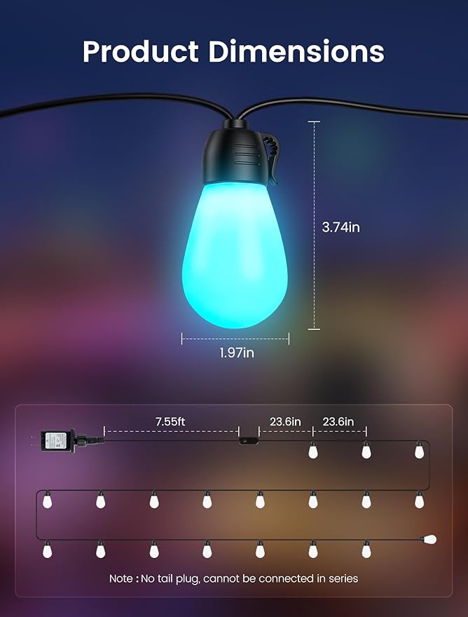 woohaha Outdoor String Lights,45(37+8) FT Smart RGB+IC+Warm White Outdoor Patio Lights with 19 Dimmable LED Bulbs, IP65 Color Changing Light with APP Control&2.4G Remote,for Outside Backyard Decor