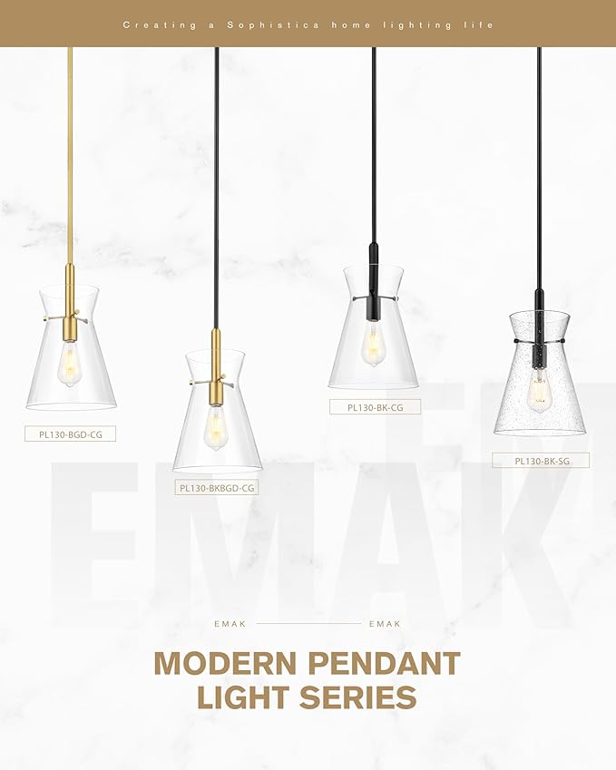 Emak 9 Inch Modern Pendant Lights Kitchen Island, Brushed Gold Pendant Light with Clear Glass Shade, Large Hanging Light Fixture for Kitchen, Dining Room, Bathroom, PL130-BGD-CG