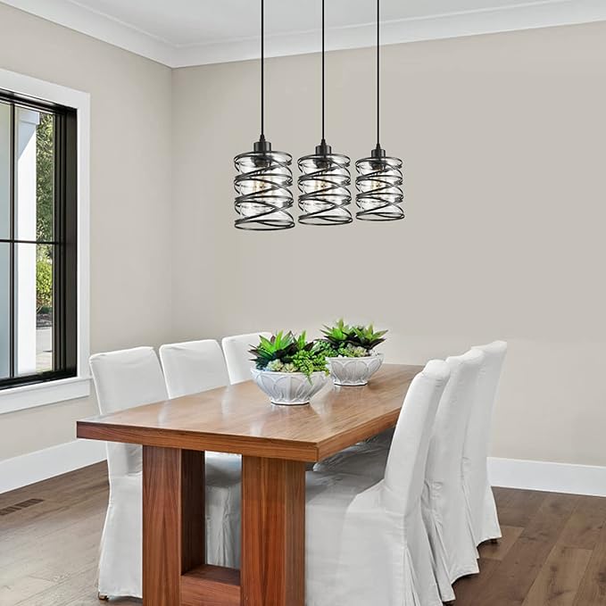 2 Pack Black Spiral Cage Pendant Lights with Clear Glass Shade, Suitable for Kitchen Island, Dining Table, Entryway, Restaurant