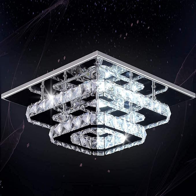 FRIXCHUR Crystal Ceiling Light Square Chandelier Modern LED Flush Mount 2 Layers Ceiling Lamp Lighting Fixture for Dining Room Living Room Bedrooms Kitchen Hallway Foyer (Cool White)