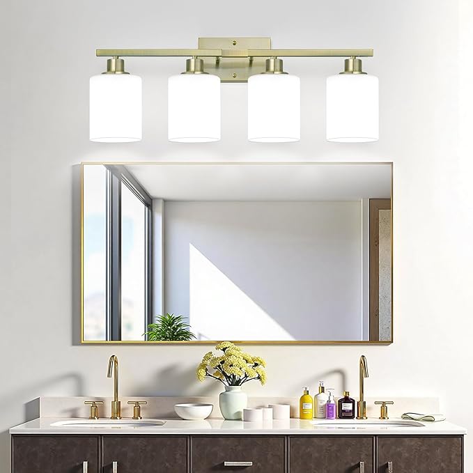 MOKATNG 4-Light Bathroom Light Fixtures, Aged Brass Vanity Light with Milky White Shades, Bathroom Lighting Fixtures Over Mirror, Modern Bathroom Wall Lamp for Mirror Living Room Cabinet Bedroom