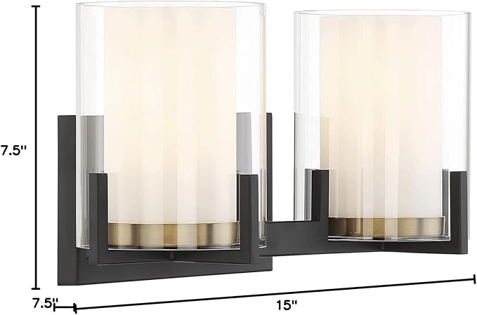 Savoy House 8-1977-2-143 Eaton Traditional Clear/White Opal Chimney Glass Bathroom Vanity, 2-Light 120 Total Watts, 8" H x 15" W, Matte Black & Warm Brass Accents