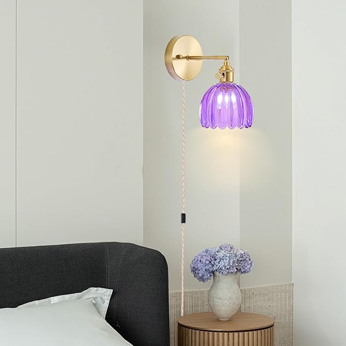 Plug in Wall Sconces Set of 2, Vintage Wall Sconce Light with Tulip Purple Glass Lampshade, Bedroom Wall Sconce with Switch and Plug in wall lamp Cord, Gold Wall Light Wall Decor Set of 2