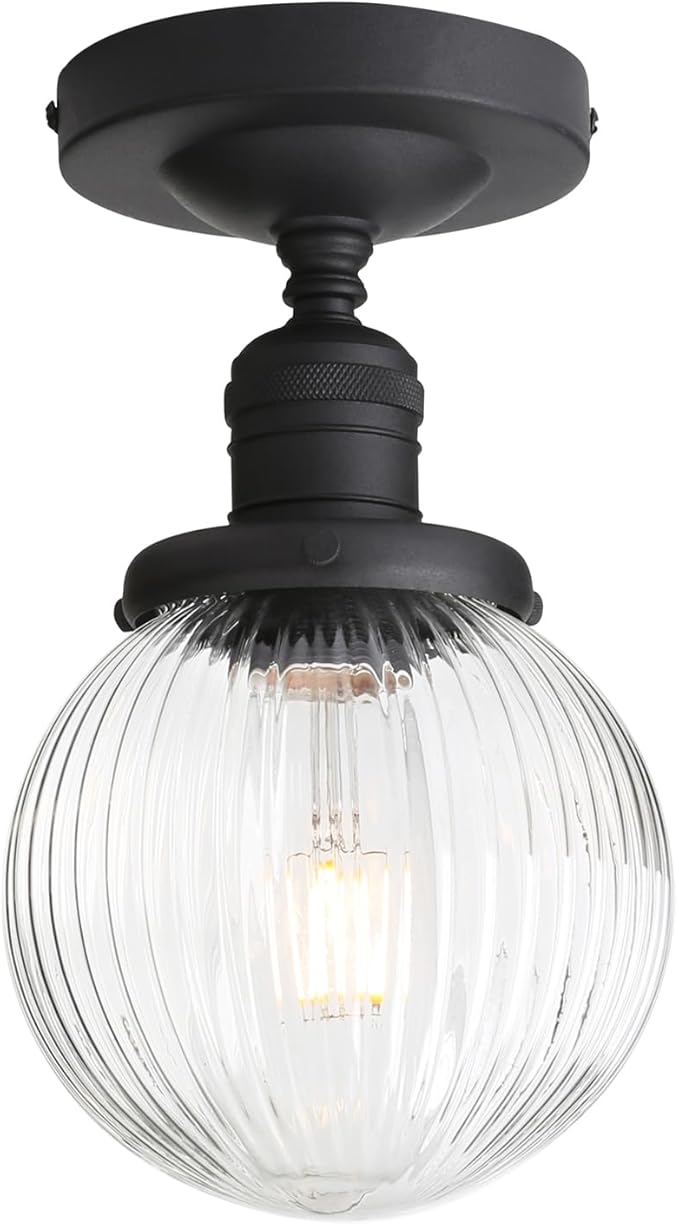 Pathson Modern Semi Flush Mount Ceiling Light Fixture with Striped Globe Glass Shade, Industrial Ceiling Lighting Lamp for Living Room Foyer Hallway Bedroom Over Kitchen Sink